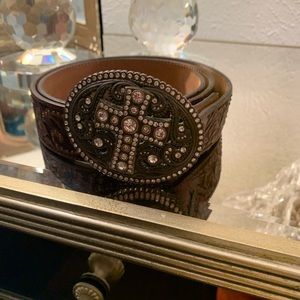 Justin Leather Belt with Rhinestone Buckle